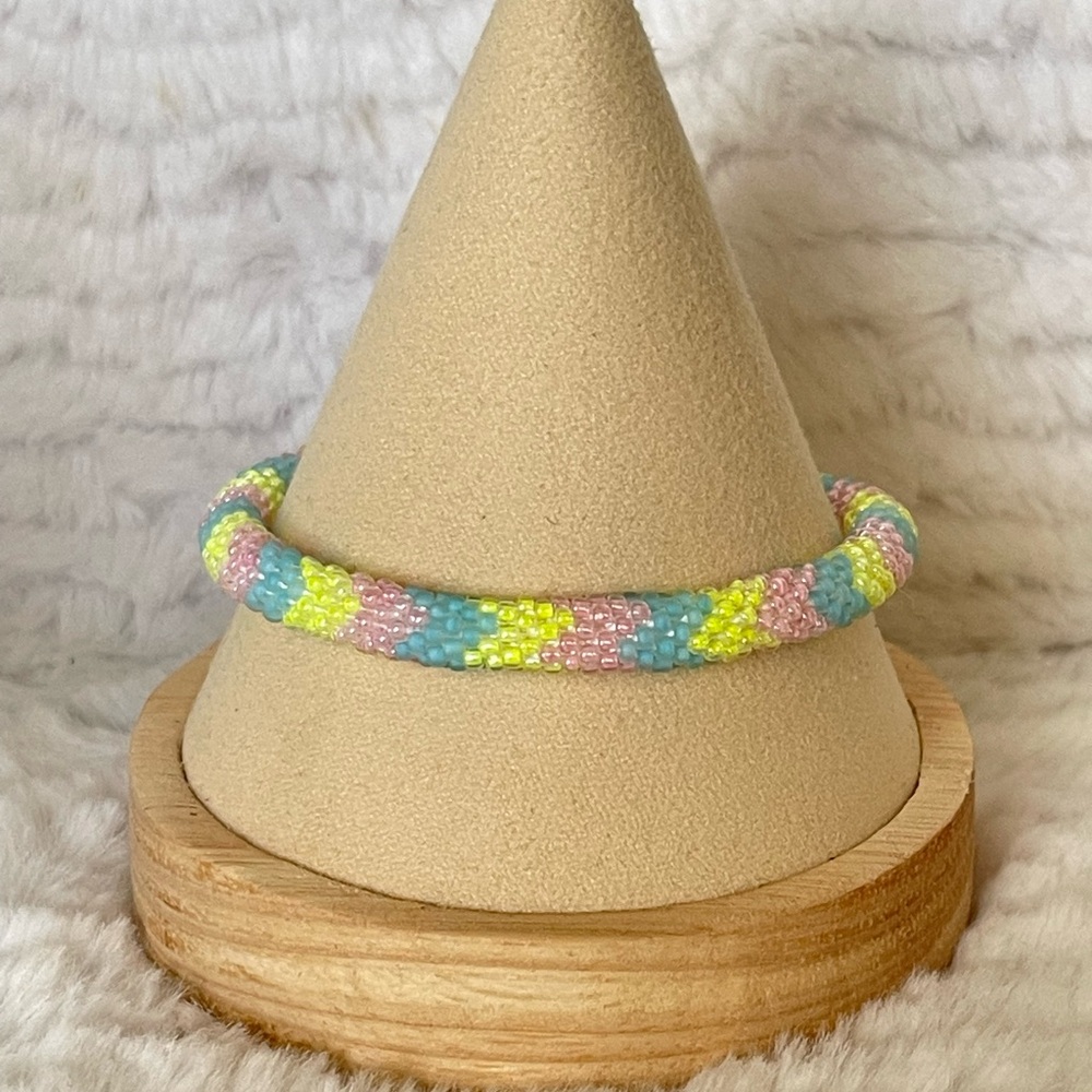 Sashka Pastel Glass Bead Bracelet Pink Blue Yellow Roll On Bracelet